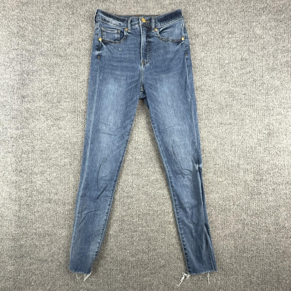 Express Jeans Womens 4 Medium Wash Blue Mid Rise Skinny Raw Hem Stretch Denim